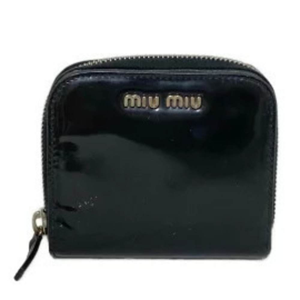 Miu Miu Bi fold Wallet Round Zipper Black Leather